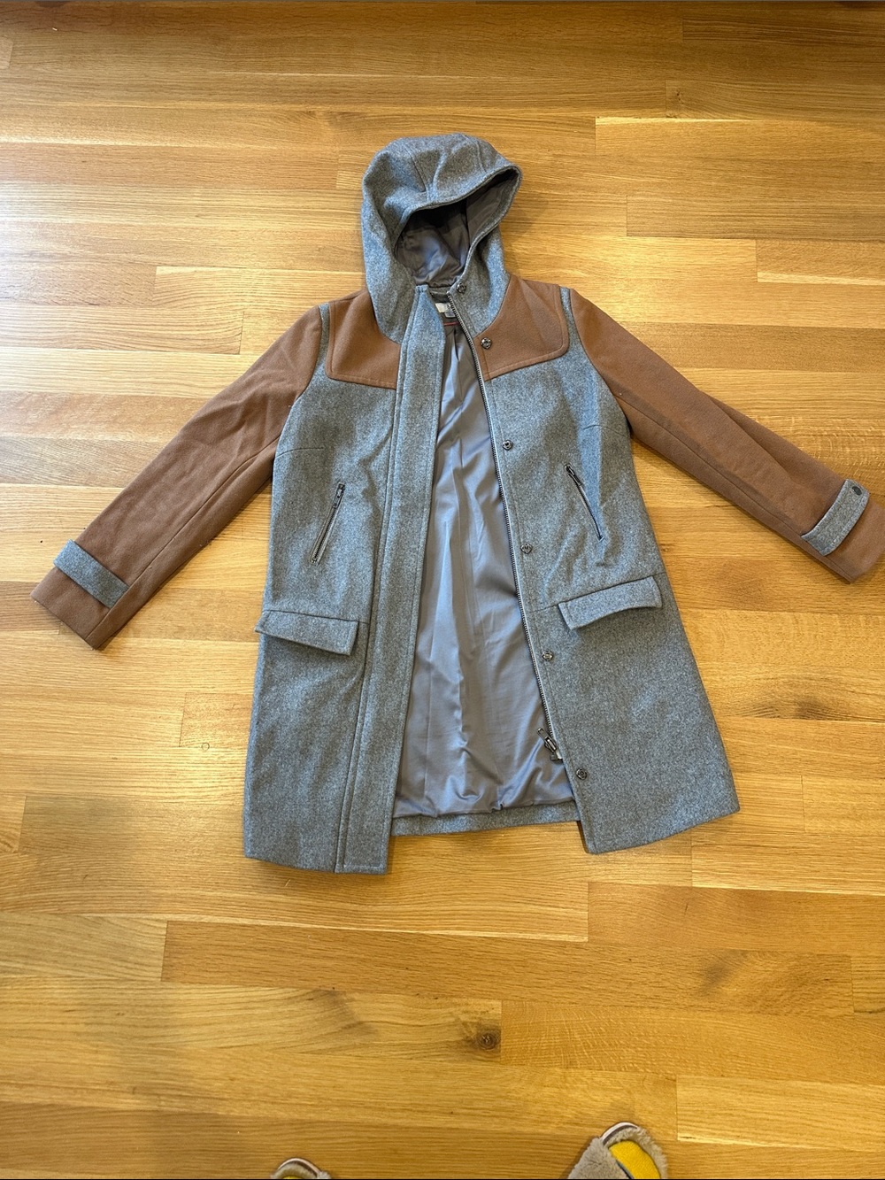 Boden Gray Wool-Blend Trench Coat with Brown Accents